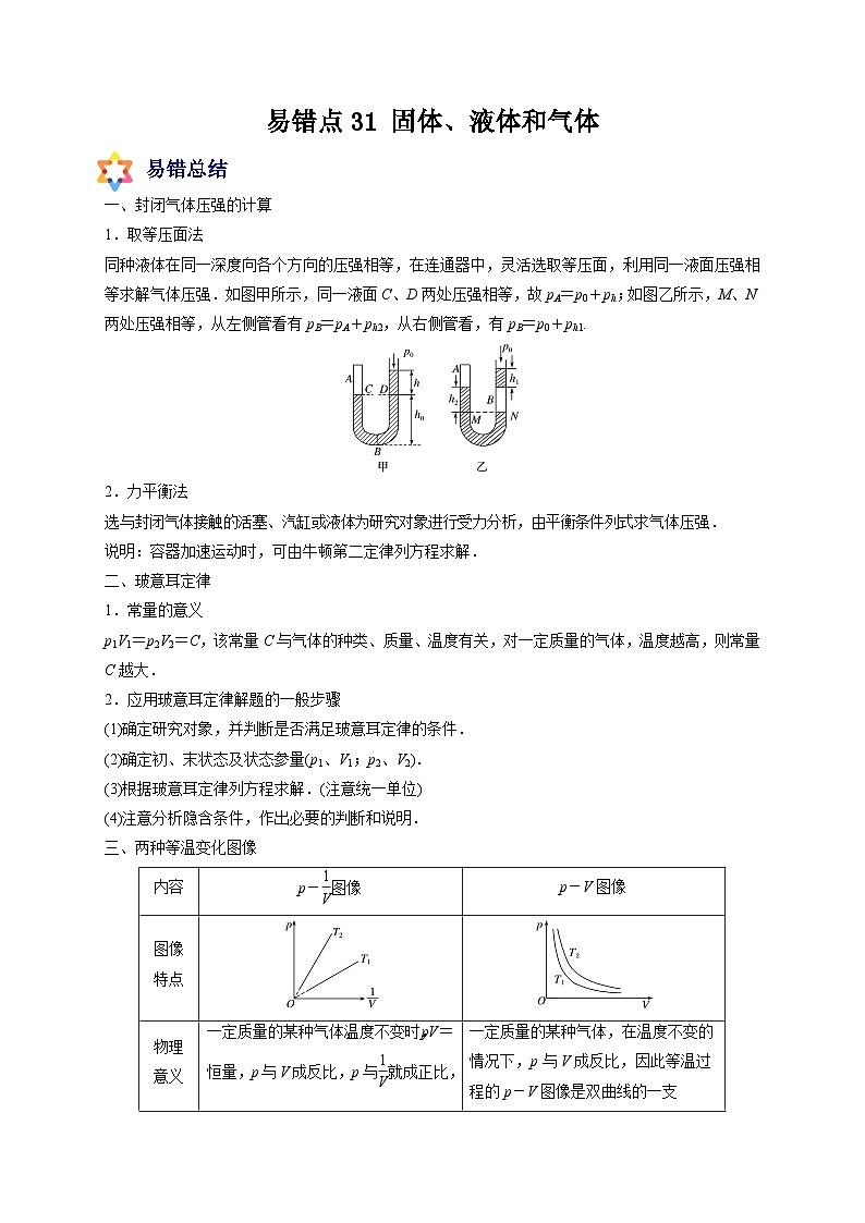 易错点31 固体、液体和气体-备战2022年高考物理典型易错题辨析与精练(原卷版)第1页