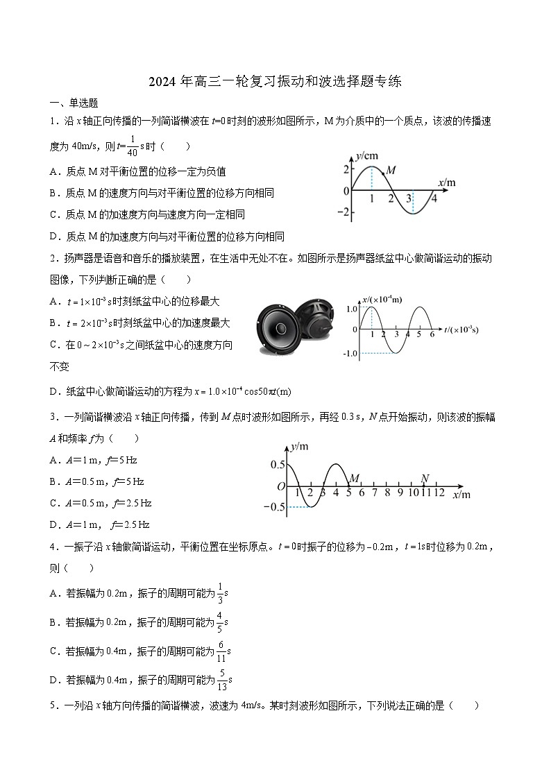 2024届高三物理一轮复习选择题专练:振动和波第1页