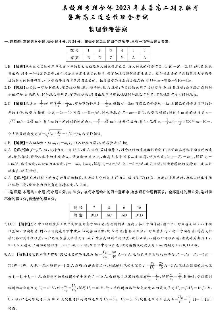 湖南名校联考联合体2022-2023年下学期高二期末联考物理答案和解析第1页