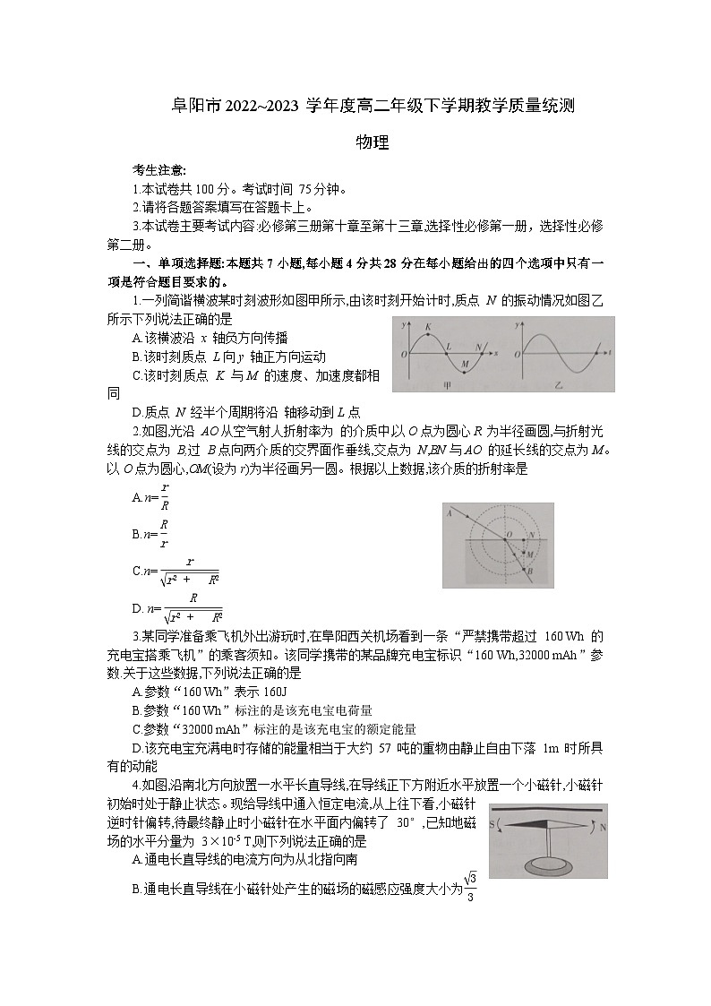 2023阜阳高二下学期期末教学质量统测物理试卷含答案01