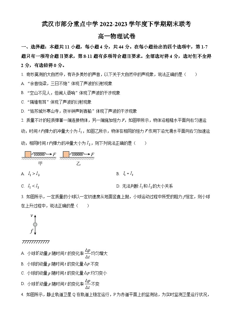 湖北省武汉市部分重点中学2022-2023学年高一下学期期末联考物理试题无答案第1页