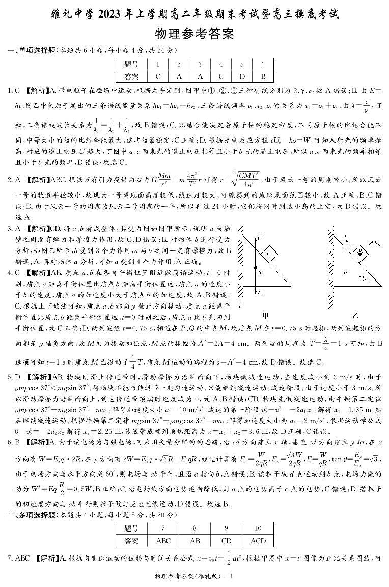 雅礼24届高三月考1物理答案第1页