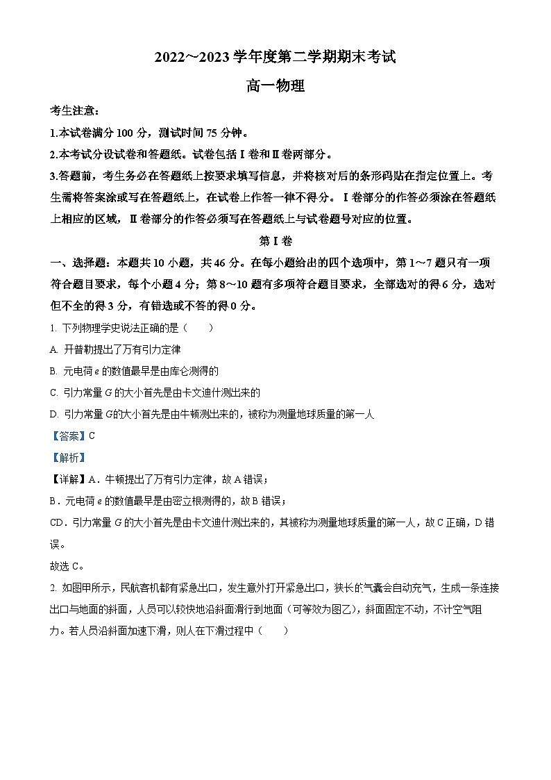 精品解析:辽宁省锦州市2022-2023学年高一下学期期末物理试题(解析版)第1页