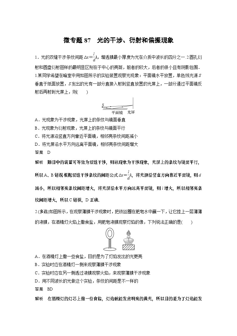 第四章微专题87 光的干涉、衍射和偏振现象 试卷01