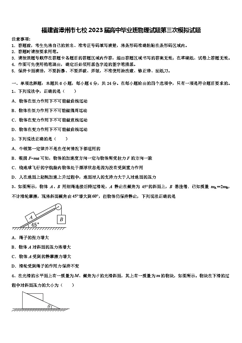 福建省漳州市七校2023届高中毕业班物理试题第三次模拟试题01
