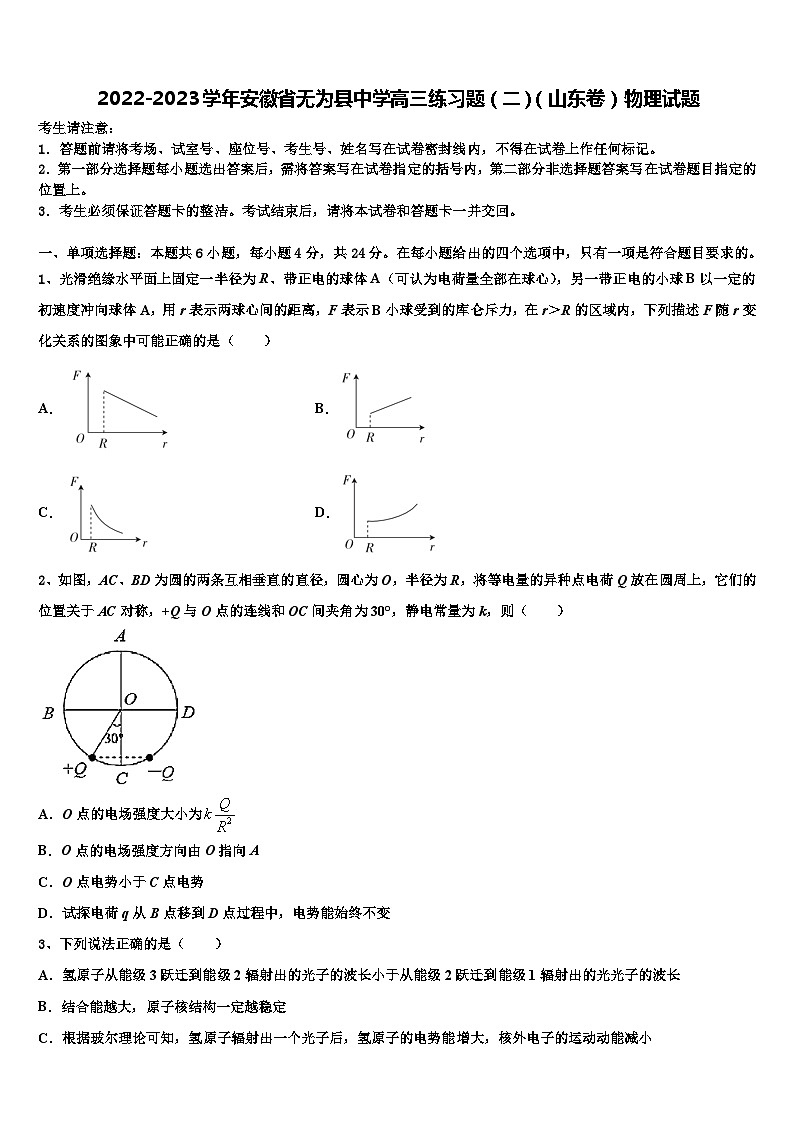 2022-2023学年安徽省无为县中学高三练习题(二)(山东卷)物理试题第1页