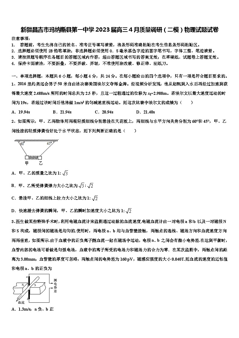 新疆昌吉市玛纳斯县2023届高三4月质量调研(二模)物理试题试卷第1页