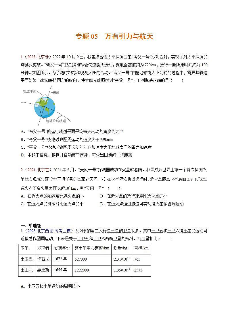 高考物理真題分項(xiàng)匯編 三年（2021-2023）專題05 萬(wàn)有引力與航天（原卷版）第1頁(yè)
