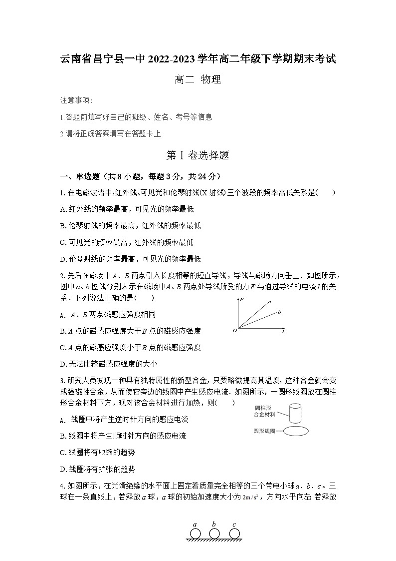 云南省保山市昌宁县第一中学2022-2023学年高二下学期期末考试物理试题01
