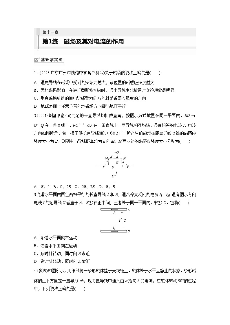 2024届高考物理新一轮复习专题强化试卷:第十一章 第1练 磁场及其对电流的作用第1页