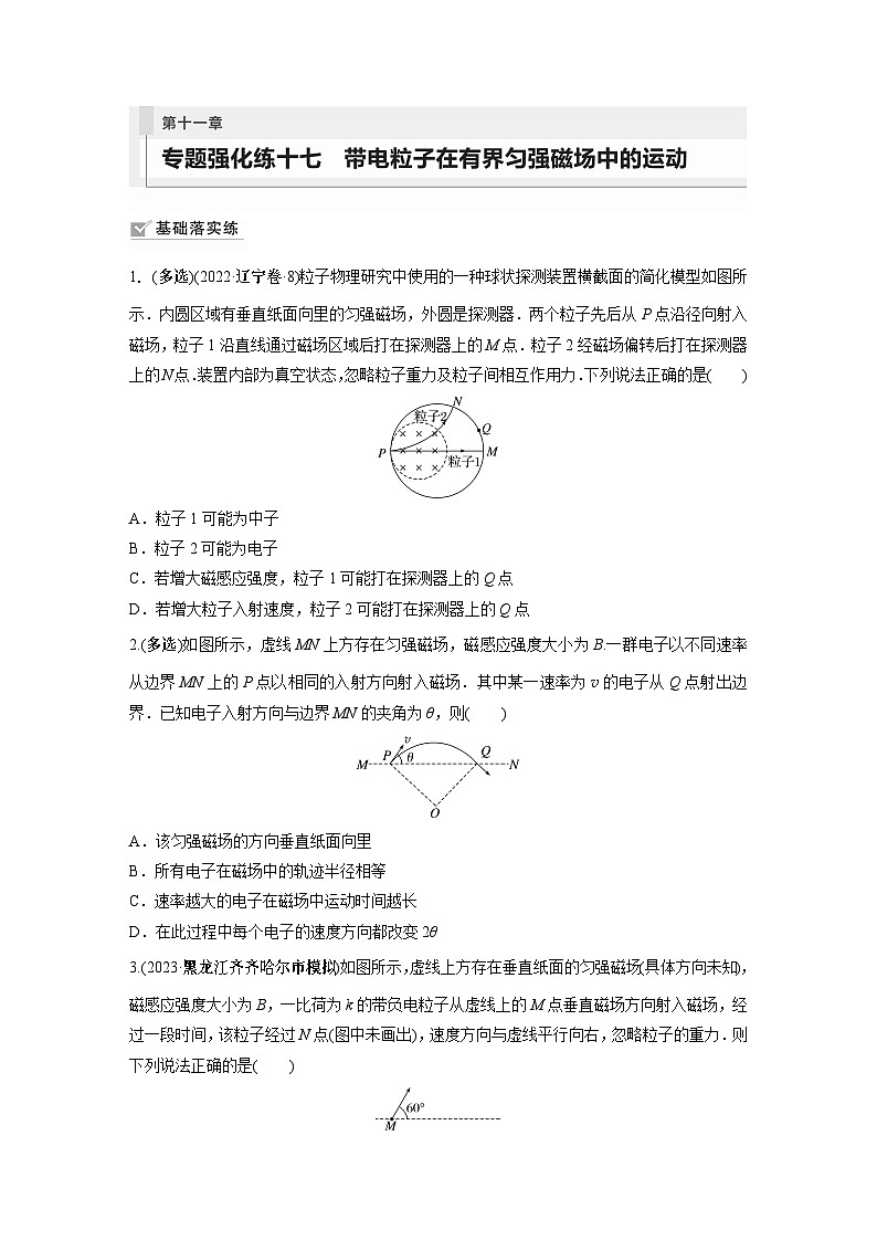 2024届高考物理新一轮复习专题强化试卷:第十一章 专题强化练十七 带电粒子在有界匀强磁场中的运动第1页