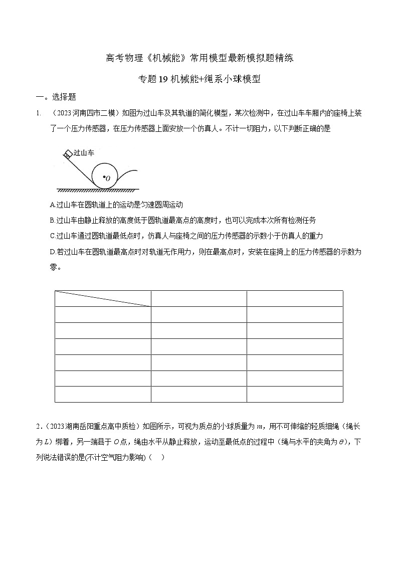 专题19机械能绳系小球圆周运动模型-2023年高考物理机械能常用模型最新模拟题精练(原卷版)01
