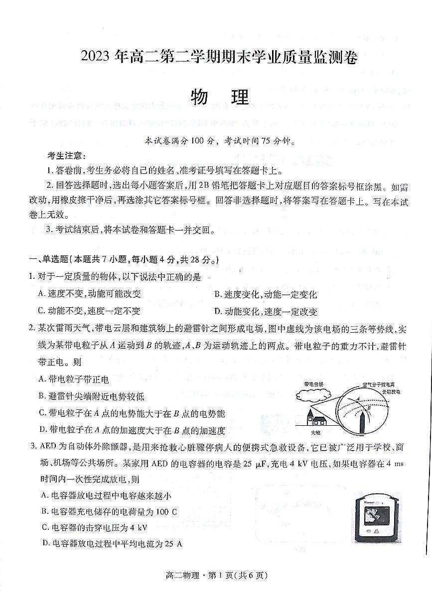 2023蘭州等5地高二下學(xué)期期末物理試題PDF版無答案第1頁