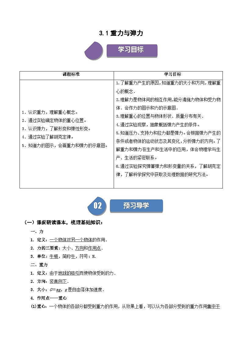 高一物理 3.1 重力与弹力 同步学与练( 人教版必修第一册(解析版) 第1页