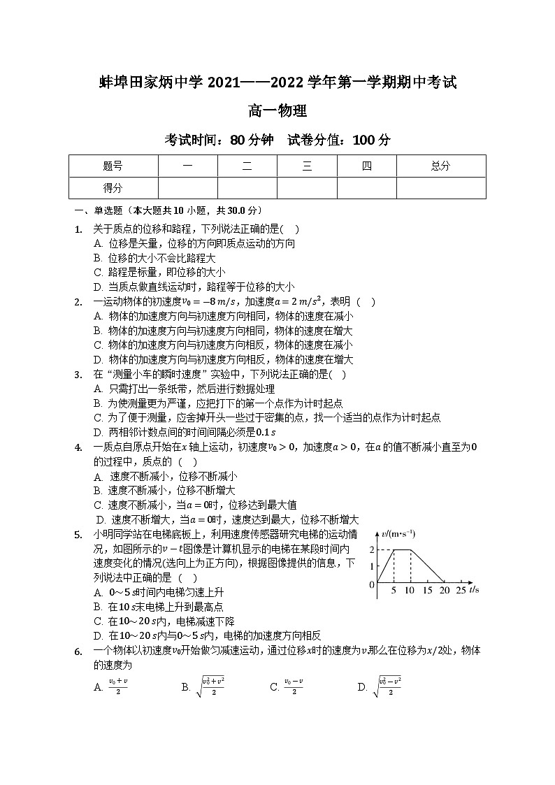 安徽省蚌埠田家炳中学2021-2022学年高一上学期期中考试物理【试卷+答案】第1页