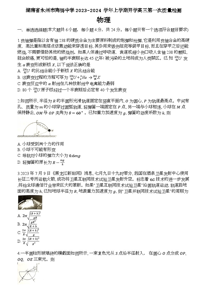 湖南省永州市陶鑄中學2023-2024學年高三上學期開學第一次質(zhì)量檢測物理試卷第1頁