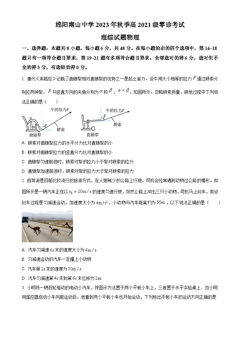 2024届四川省绵阳南山中学高三上学期零诊考试理综物理试题 Word版无答案第1页