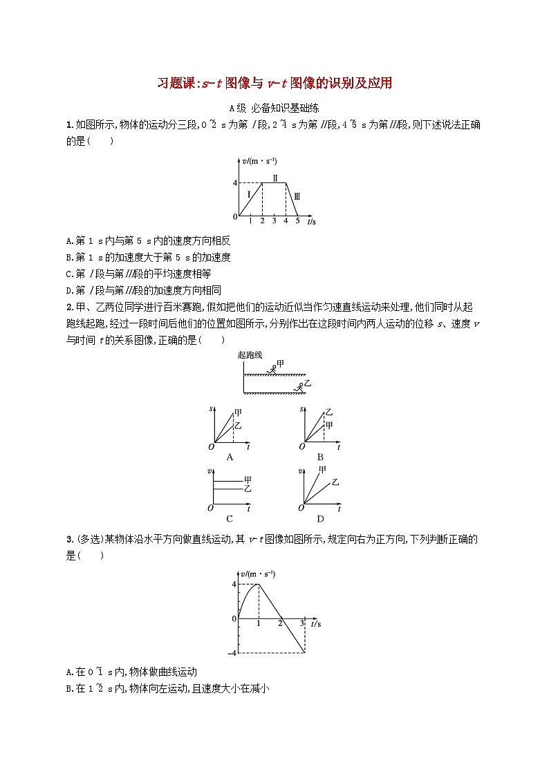 新教材2023_2024学年高中物理第2章匀变速直线运动习题课s_t图像与v_t图像的识别及应用分层作业鲁科版必修第一册01