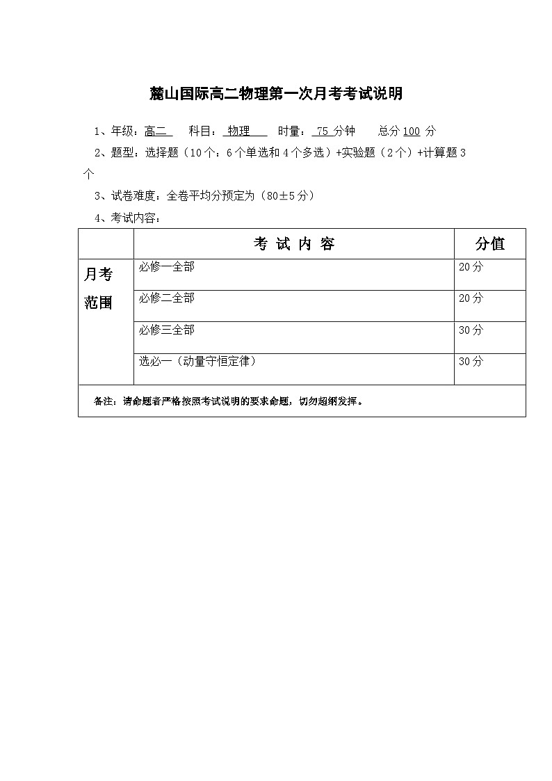 麓山国际实验学校高二第一次月考物理考试说明01