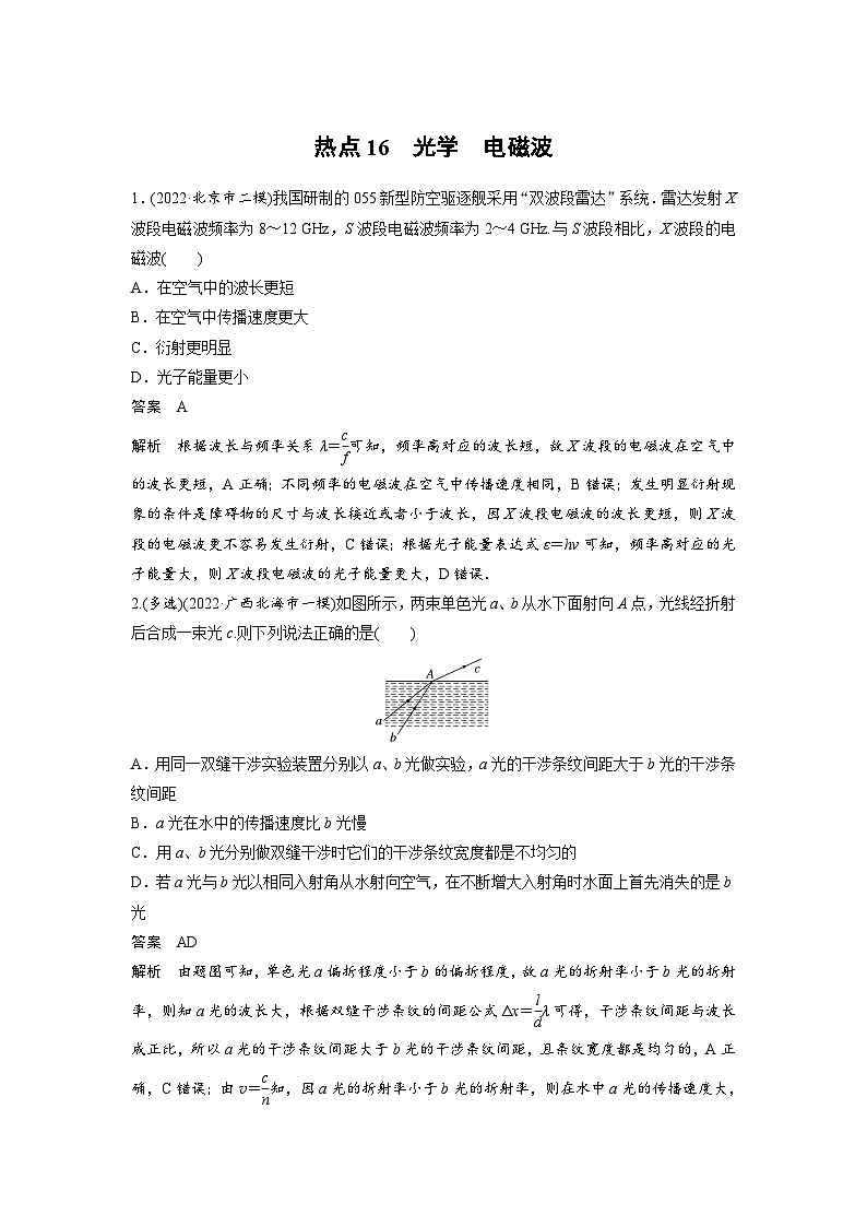 新高考物理二轮复习过关练习第3部分 考前特训 热点16 光学 电磁波 (含解析)第1页