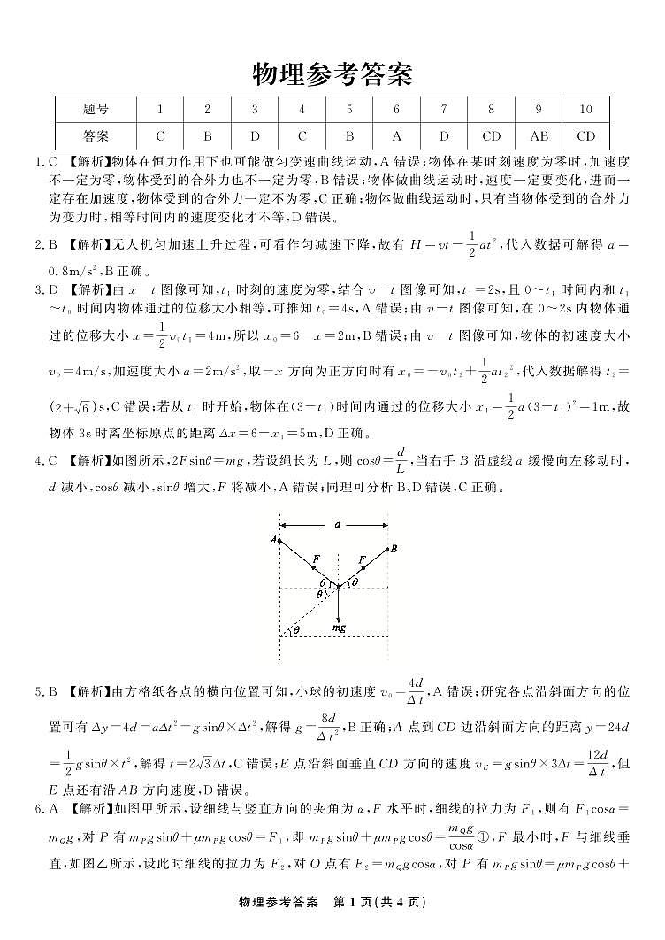 2023-2024安徽高三第二次天一大联考物理试卷,参考答案及答题纸01