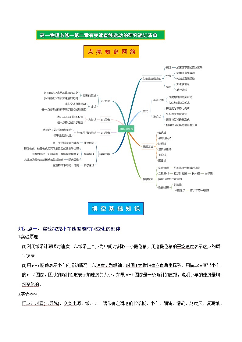 【期中知识点归纳】(人教版2019)2023-2024学年高一上册物理 必修1 第二章 匀变速直线运动的研究 讲义(解析版)第1页