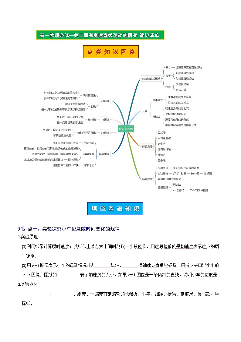 【期中知识点归纳】(人教版2019)2023-2024学年高一上册物理 必修1 第二章 匀变速直线运动的研究 讲义(原卷版)第1页
