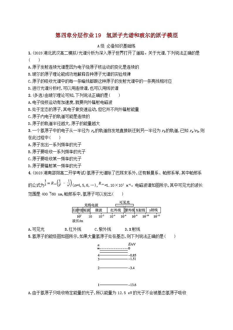 新教材2023_2024学年高中物理第4章原子结构和波粒二象性分层作业19氢原子光谱和玻尔的原子模型新人教版选择性必修第三册第1页