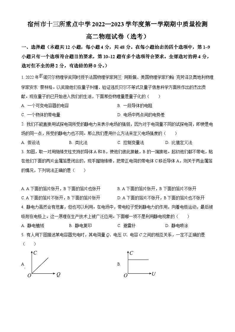 【期中真題】安徽省宿州市十三所重點中學2022-2023學年高二上學期期中質量檢測物理試題（原卷版）第1頁