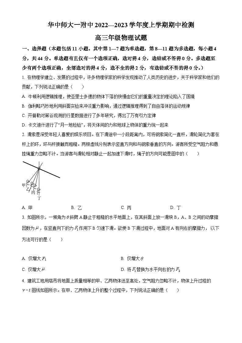 【期中真题】湖北省武汉市华中师范大学第一附属中学2022-2023学年高三上学期期中考试物理试题(原卷版)第1页