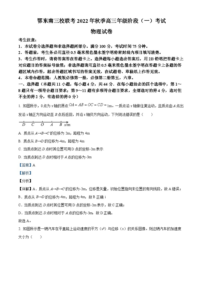 湖北省鄂东南三校联考2022-2023学年高三物理上学期阶段考试试题(一)(Word版附解析)第1页