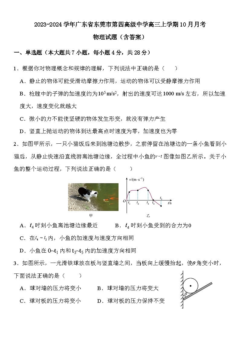 2023-2024学年广东省东莞市第四高级中学高三上学期10月月考 物理试题(含答案)第1页