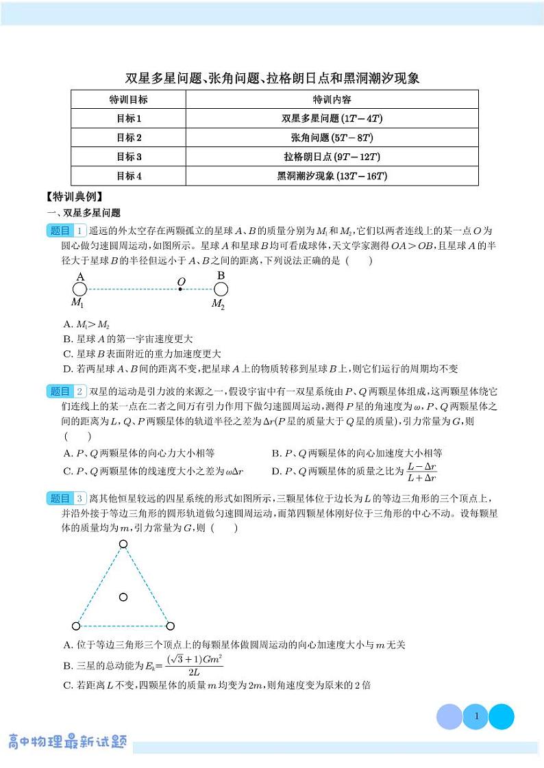 新高考物理一轮复习核心考点 双星多星问题、张角问题、拉格朗日点和黑洞潮汐现象(原卷版+解析版)第1页