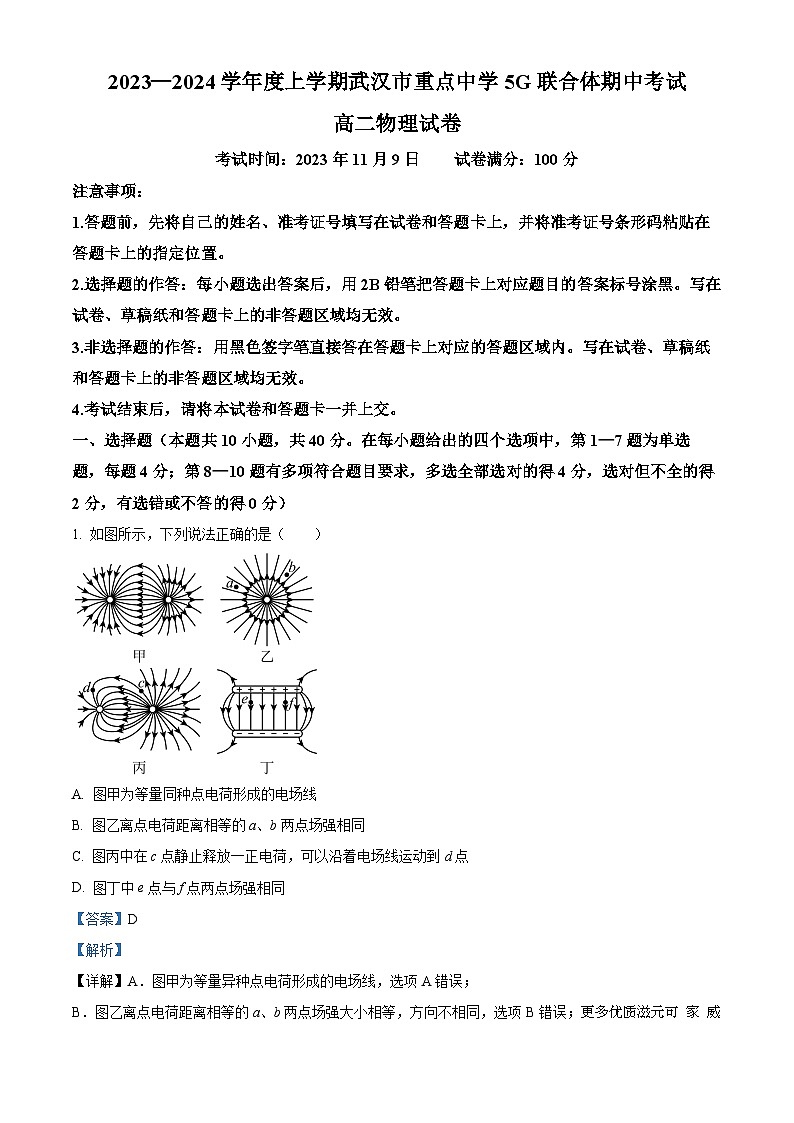 湖北省武汉市重点中学5G联合体2023-2024学年高二上学期期中物理试题(解析版)第1页