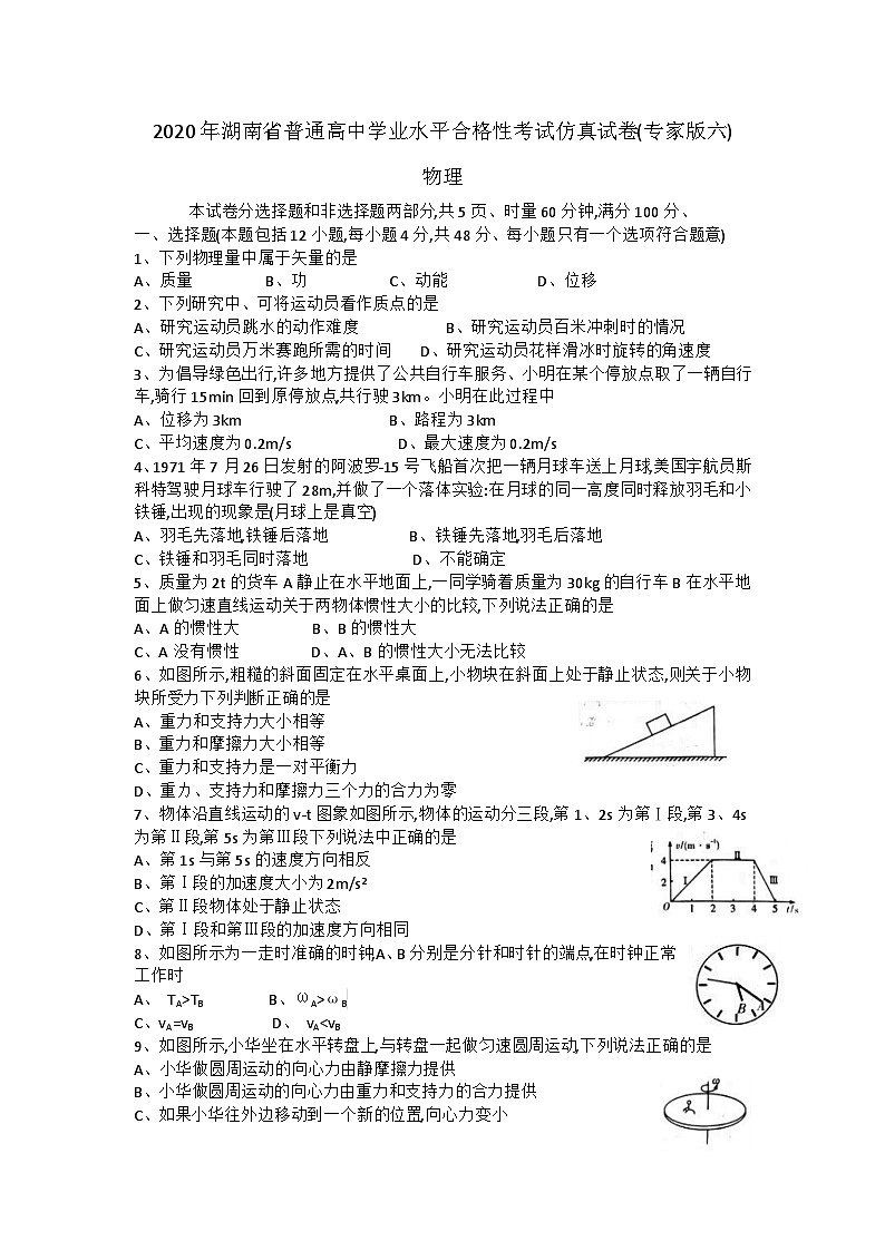 2020年湖南省普通高中学业水平合格性考试仿真试题专家版六 物理 Word版第1页