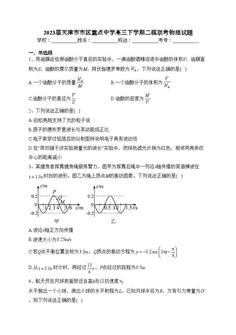 2023届天津市市区重点中学高三下学期二模联考物理试题(含答案)01