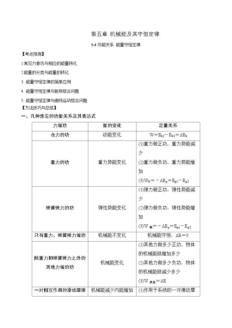 2024届高考物理一轮复习——5.4功能关系 能量守恒定律讲义01