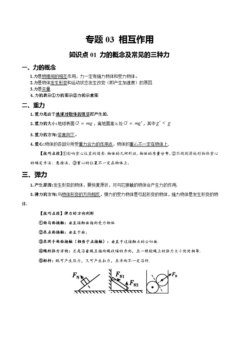 【学考真题】备战2024年浙江省学业水平考试 高中物理 专题03 相互作用 知识归纳与训练01