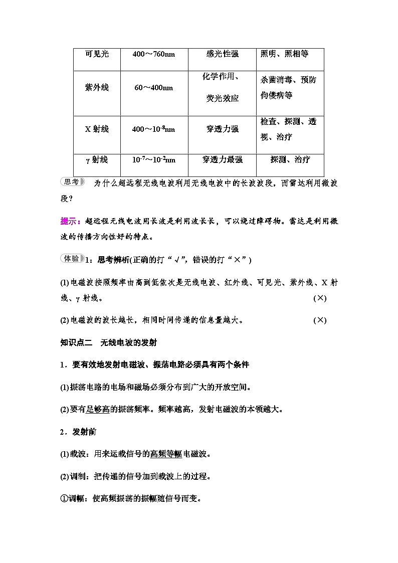 教科版高中物理选择性必修第二册第4章3电磁波谱4无线电波的发射、传播与接收5无线电波与移动互联网学案第2页