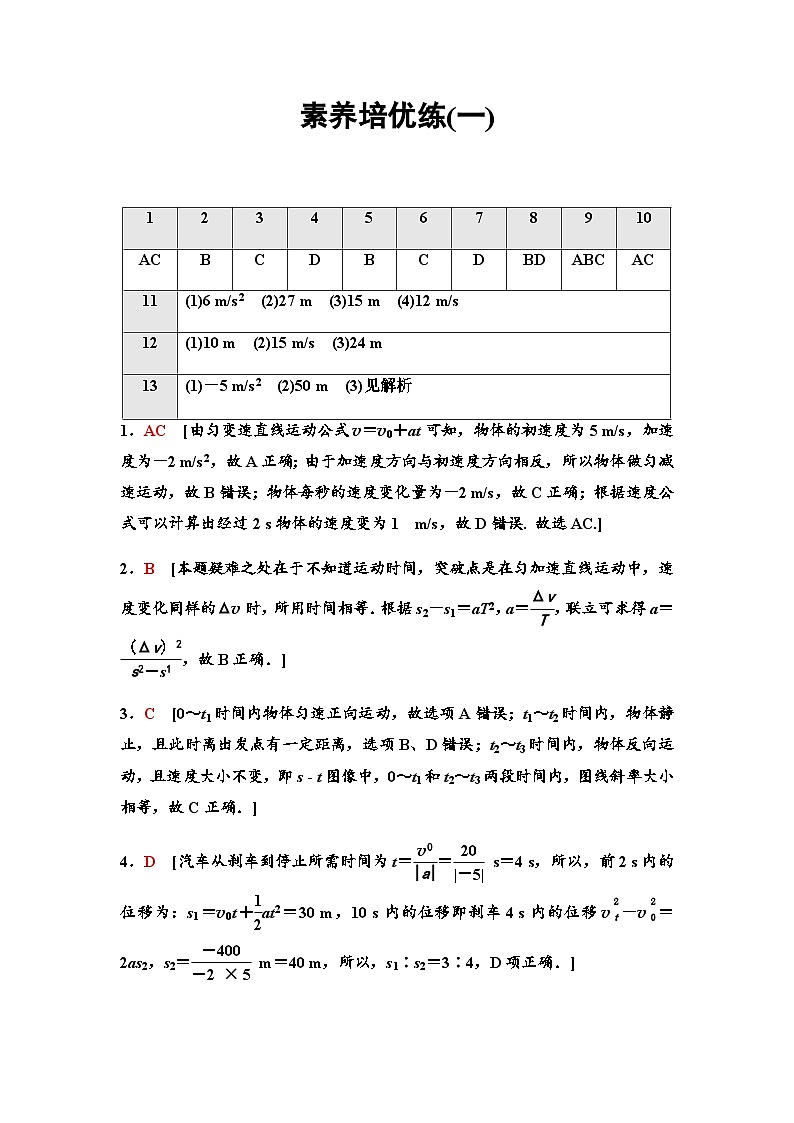 粤教版高中物理必修第一册素养培优练1匀变速直线运动规律总结含答案01
