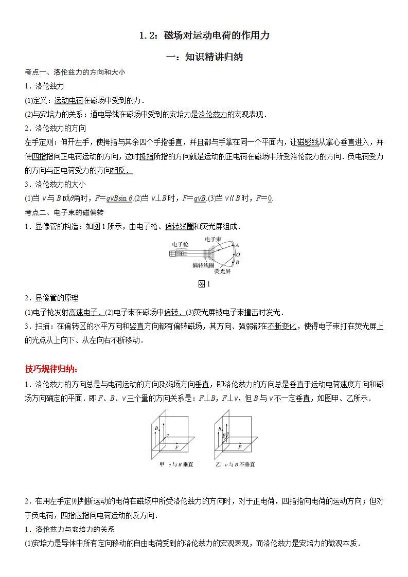 1.2 磁场对运动电荷的作用力-2023-2024学年高二物理高分突破专题训练（人教版选择性必修第二册）01