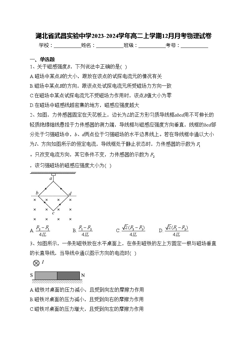 湖北省武昌实验中学2023-2024学年高二上学期12月月考物理试卷(含答案)第1页