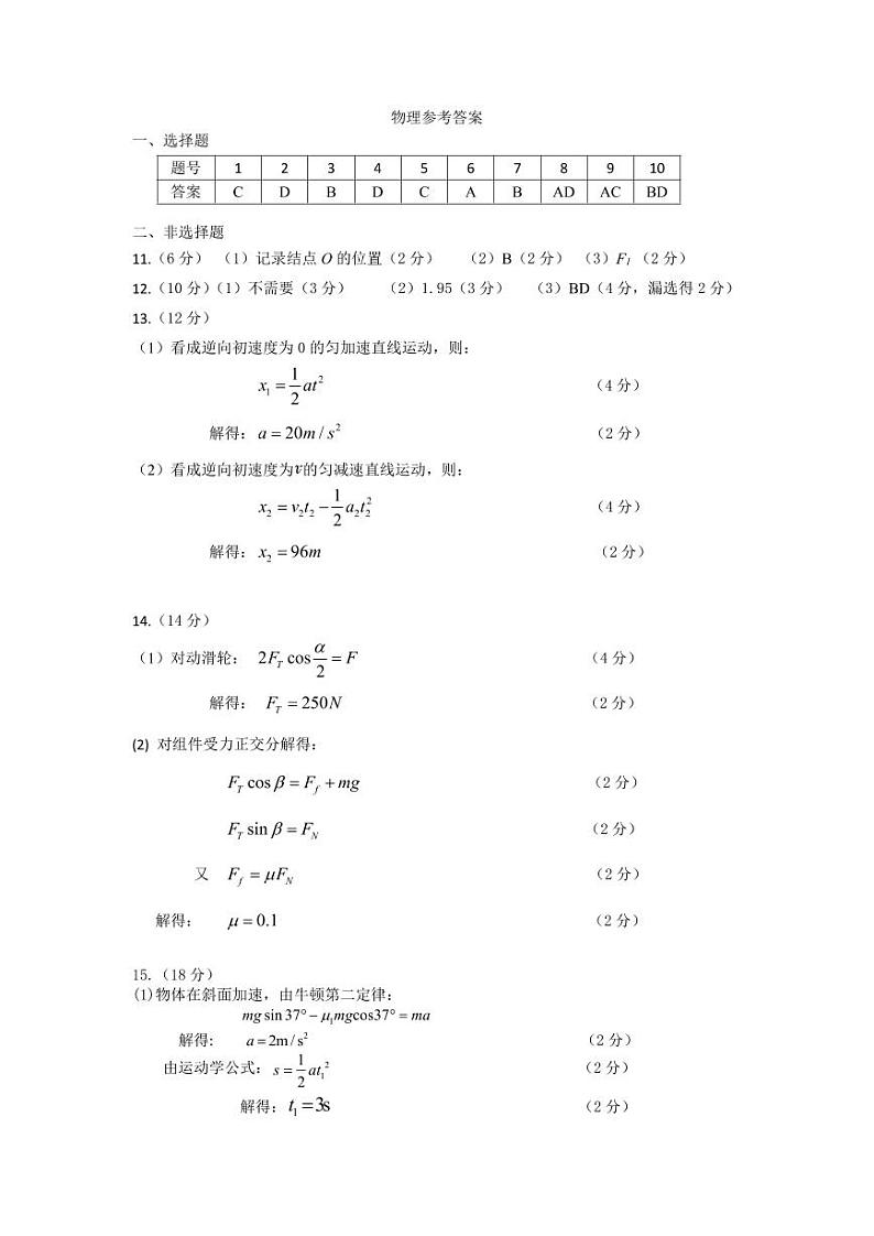 2024湖北省重点高中智学联盟高一上学期12月联考物理答案第1页