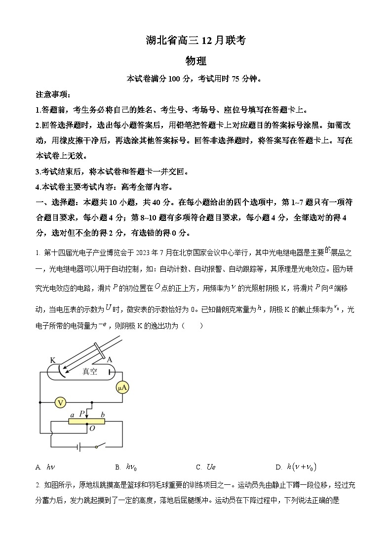 湖北省部分学校2023-2024学年高三上学期12月月考物理试卷（原卷版）01