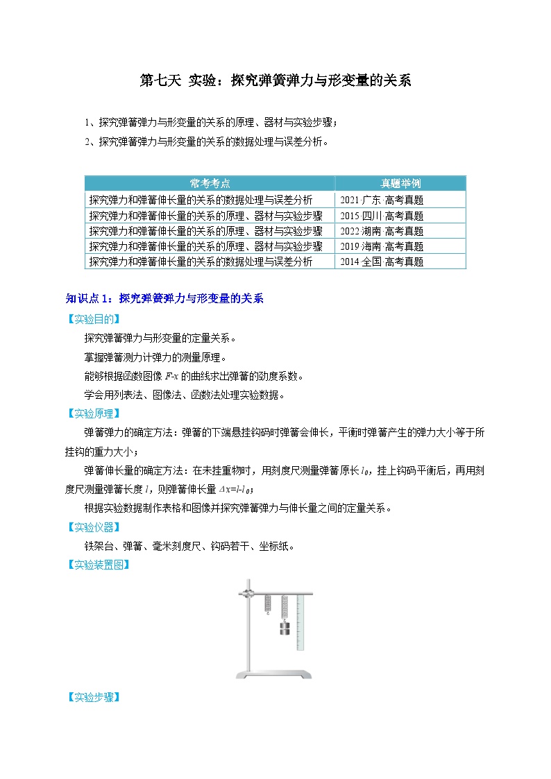 【寒假作业】人教版2019 高中物理 高一寒假巩固 第七天+实验：探究弹簧弹力与形变量的关系-练习