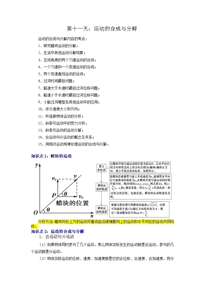 【寒假作业】人教版2019 高中物理 高一寒假提升训练第十一天：运动的合成与分解-练习01