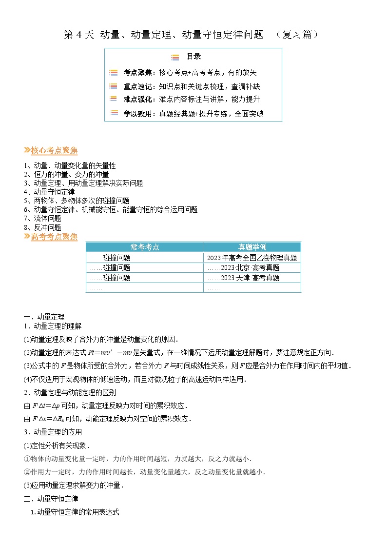 【寒假作业】人教版2019 高中物理 高二寒假巩固提升训练 第4天 动量、动量定理、动量守恒定律问题-练习.zip