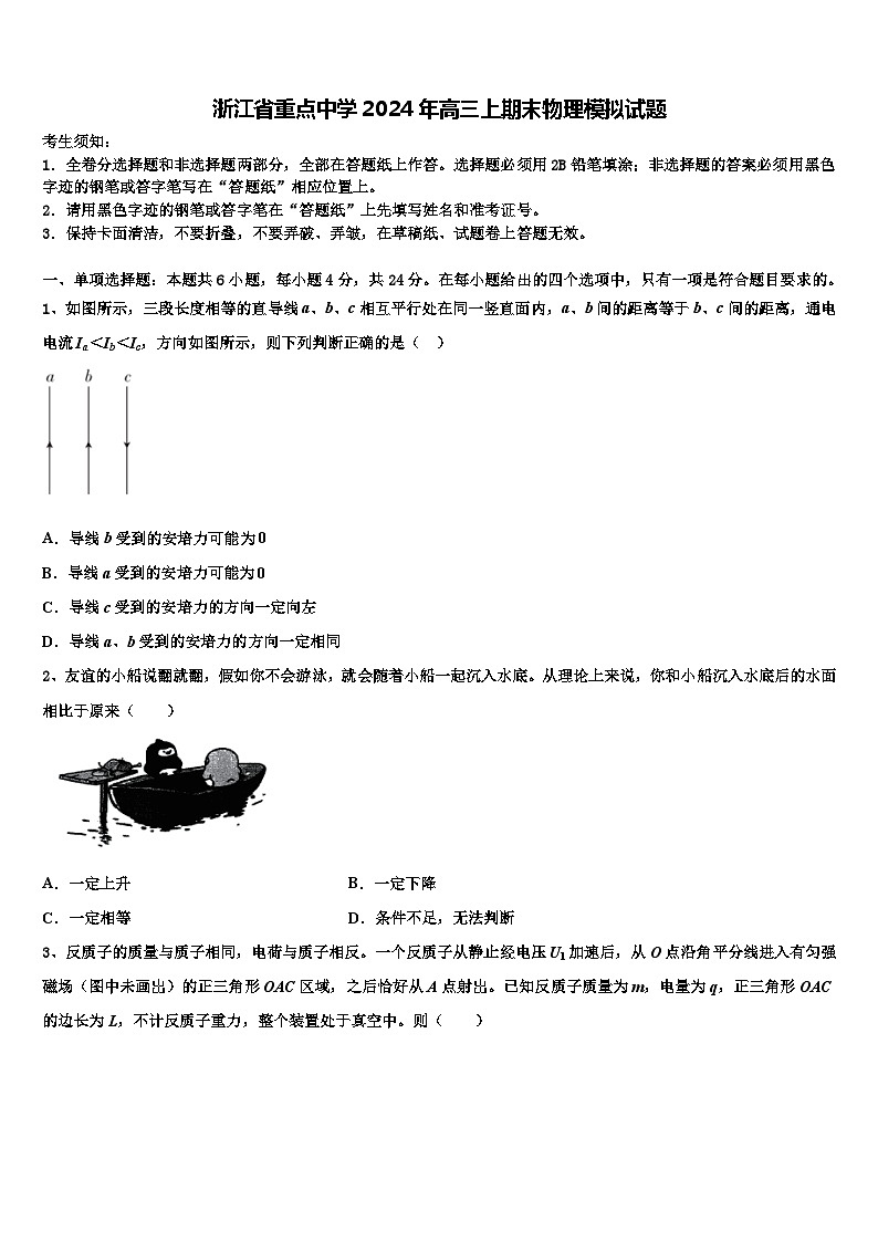 浙江省重点中学2024年高三上期末物理模拟试题第1页