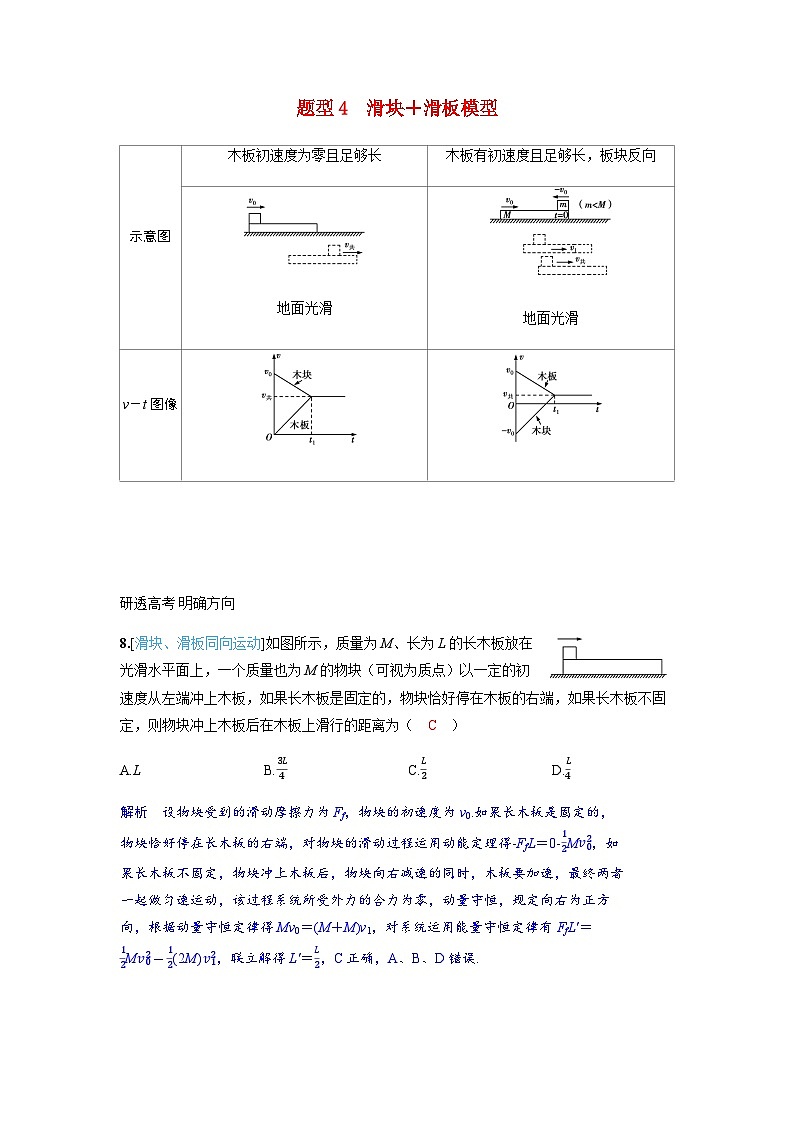 备考2024届高考物理一轮复习讲义第七章动量守恒定律专题十一动量守恒中的四类典型模型题型4滑块+滑板模型第1页