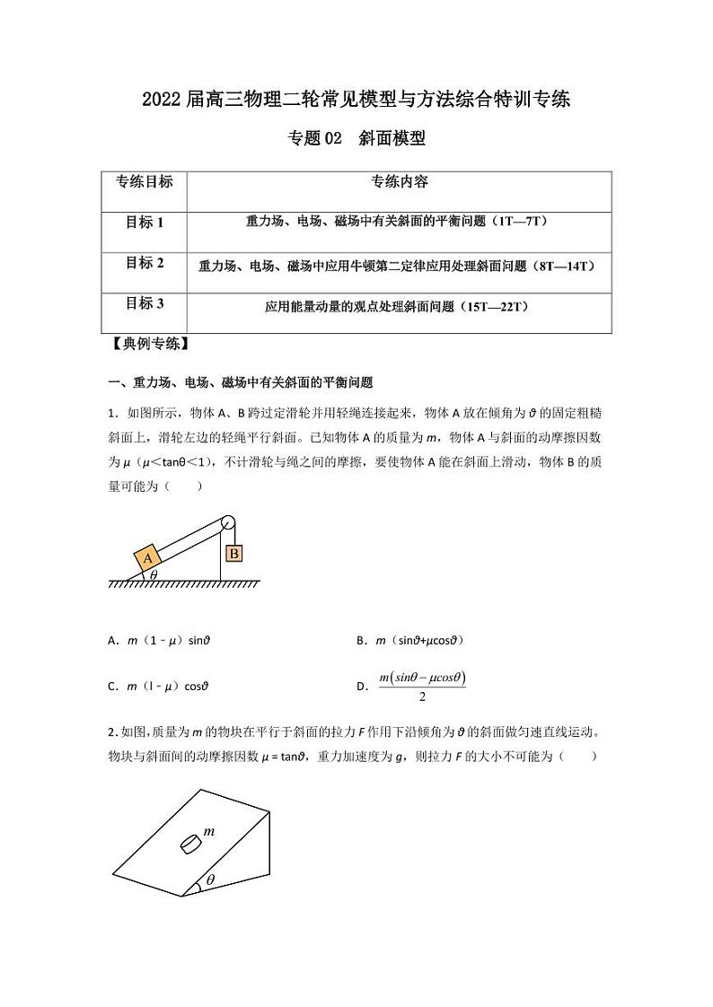 2022 届高三物理二轮常见模型与方法综合特训专练专题02 斜面模型01